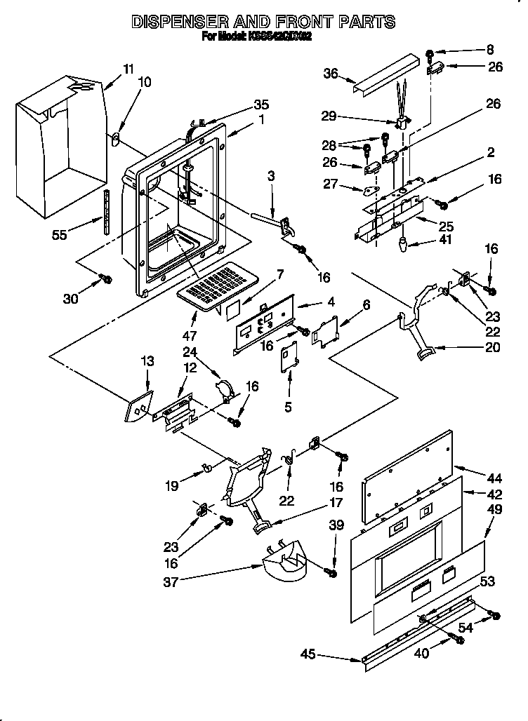 KitchenAid KSSS42QDX02 dispenser and front diagram