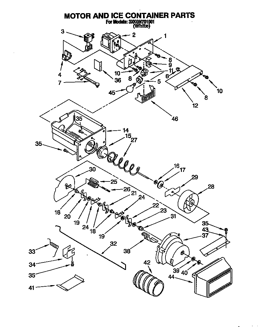 Bauknecht 3XKGN701001 motor and ice container diagram