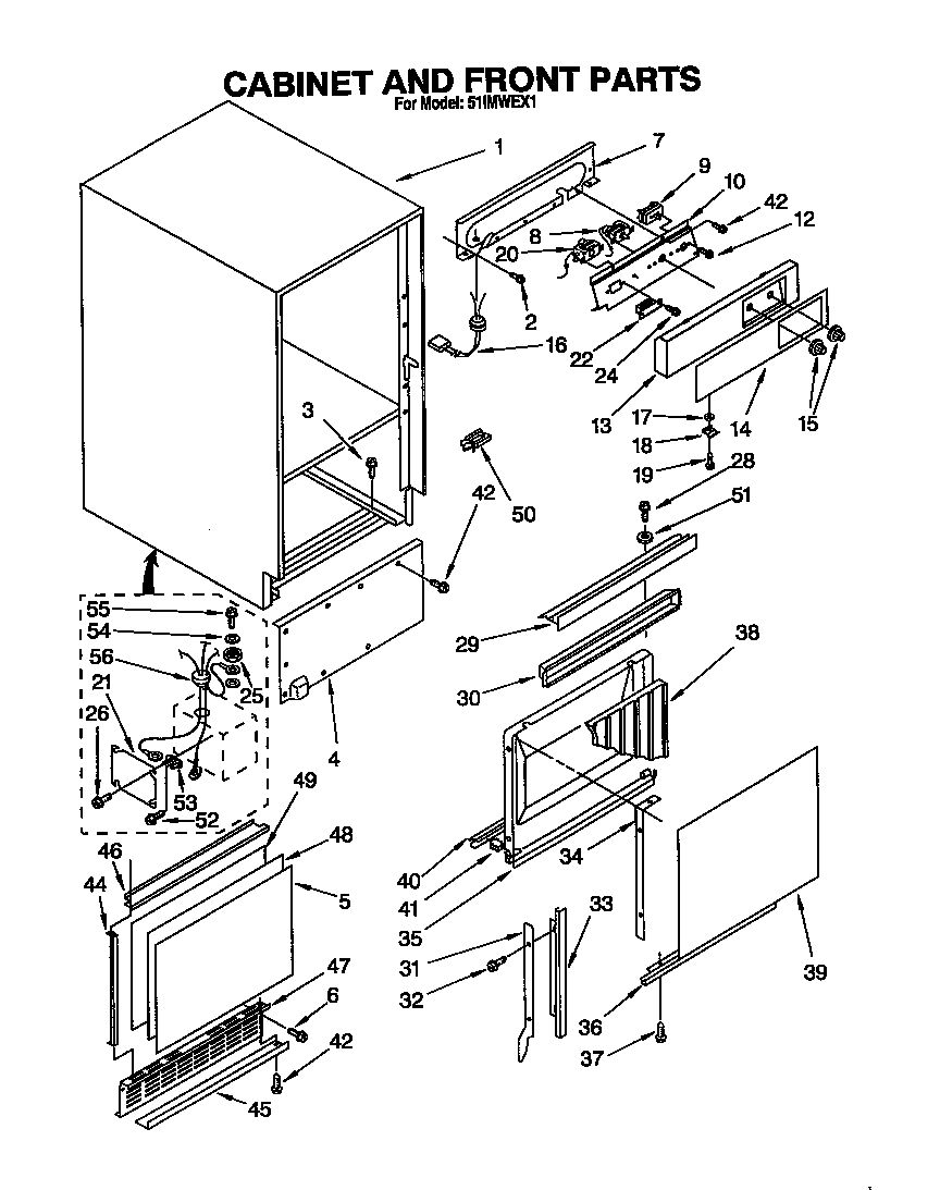 Whirlpool 51IMWEX1 cabinet and front diagram