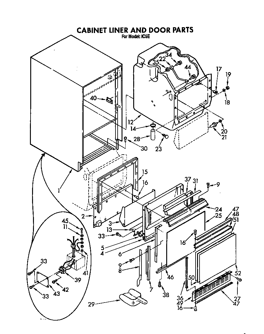 Whirlpool IC5E cabinet liner and door diagram
