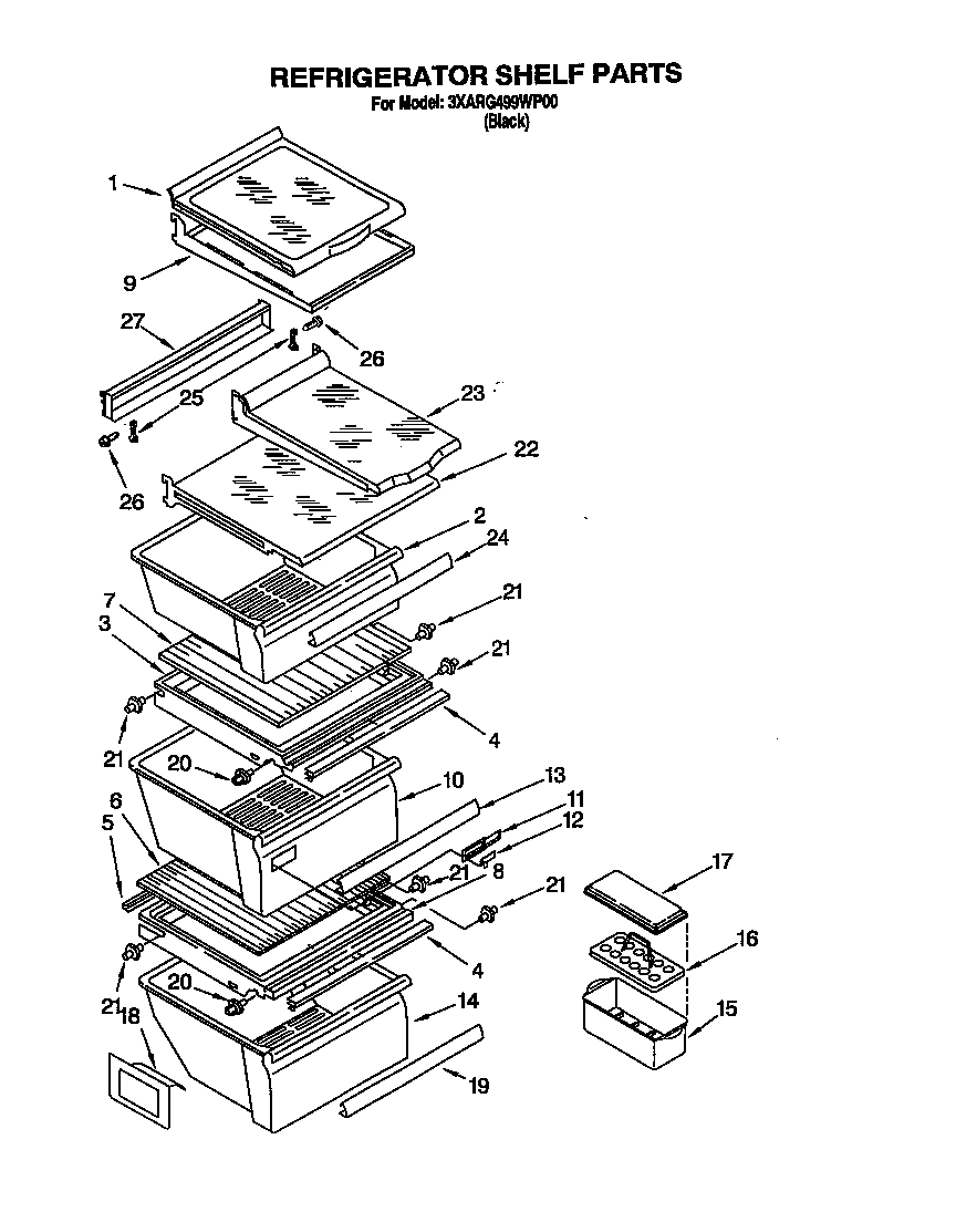Whirlpool 3XARG499WP00 refrigerator shelf diagram
