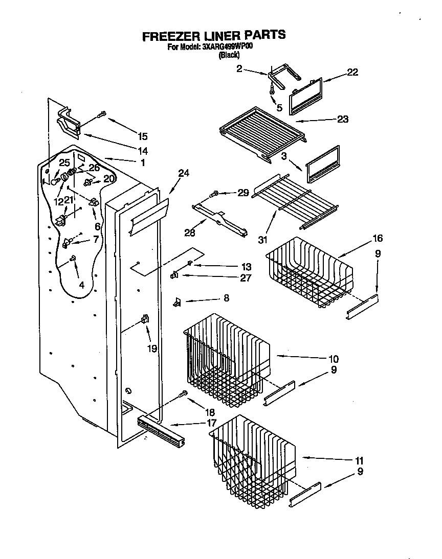 Whirlpool 3XARG499WP00 freezer liner diagram
