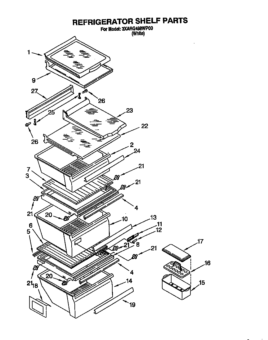 Whirlpool 3XARG498WP00 refrigerator shelf diagram