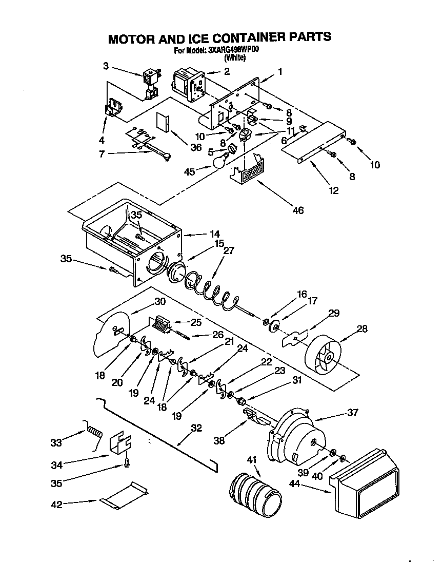 Whirlpool 3XARG498WP00 motor and ice container diagram