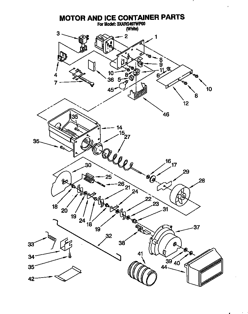 Whirlpool 3XARG497WP00 motor and ice container diagram