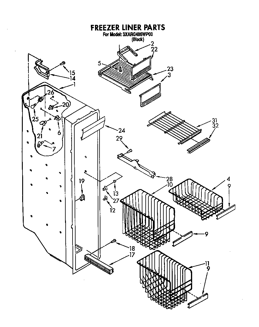 Whirlpool 3XARG486WP00 freezer liner diagram