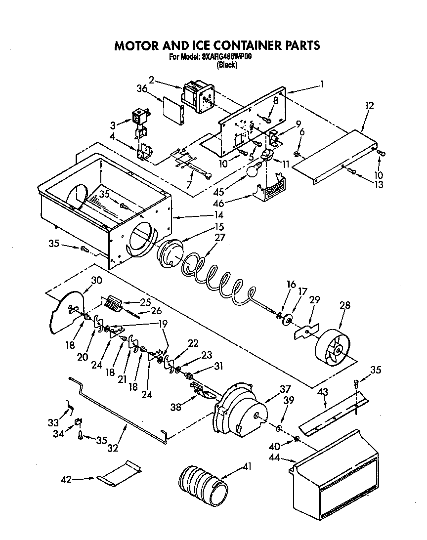 Whirlpool 3XARG486WP00 motor and ice container diagram
