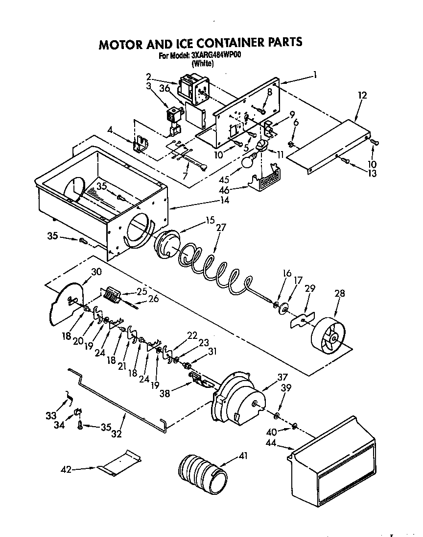 Whirlpool 3XARG484WP00 motor and ice container diagram