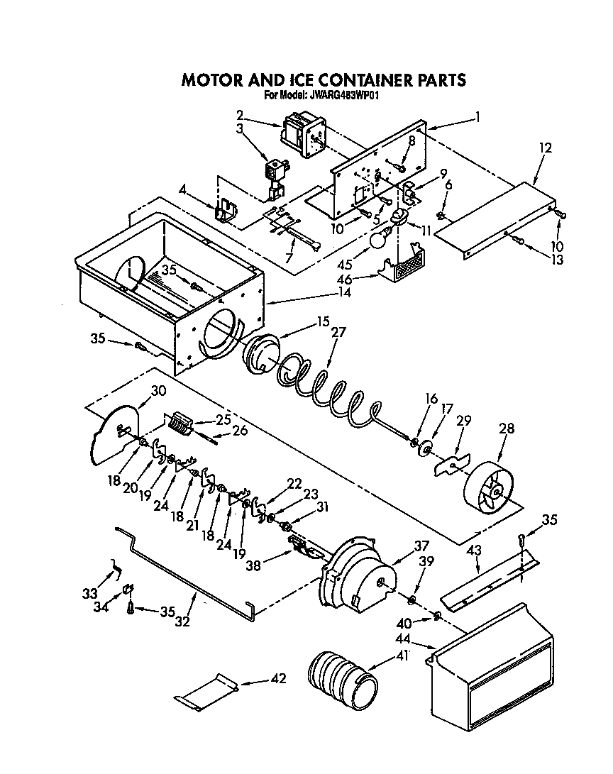 Whirlpool JWARG483WP01 motor and ice container diagram