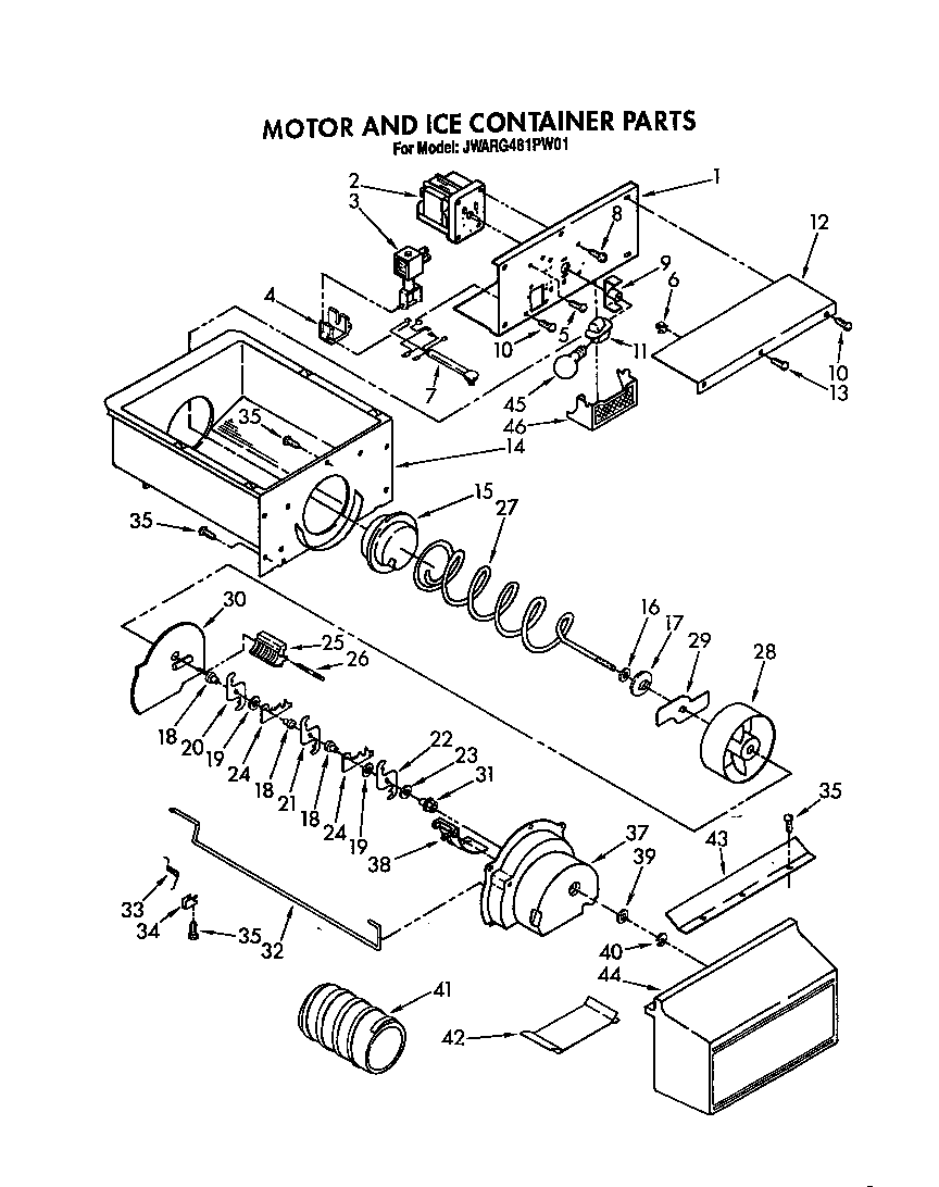 Whirlpool JWARG481PW01 motor and ice container diagram