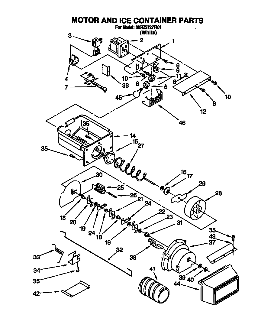 Whirlpool 3XR2727FI01 motor and ice container diagram