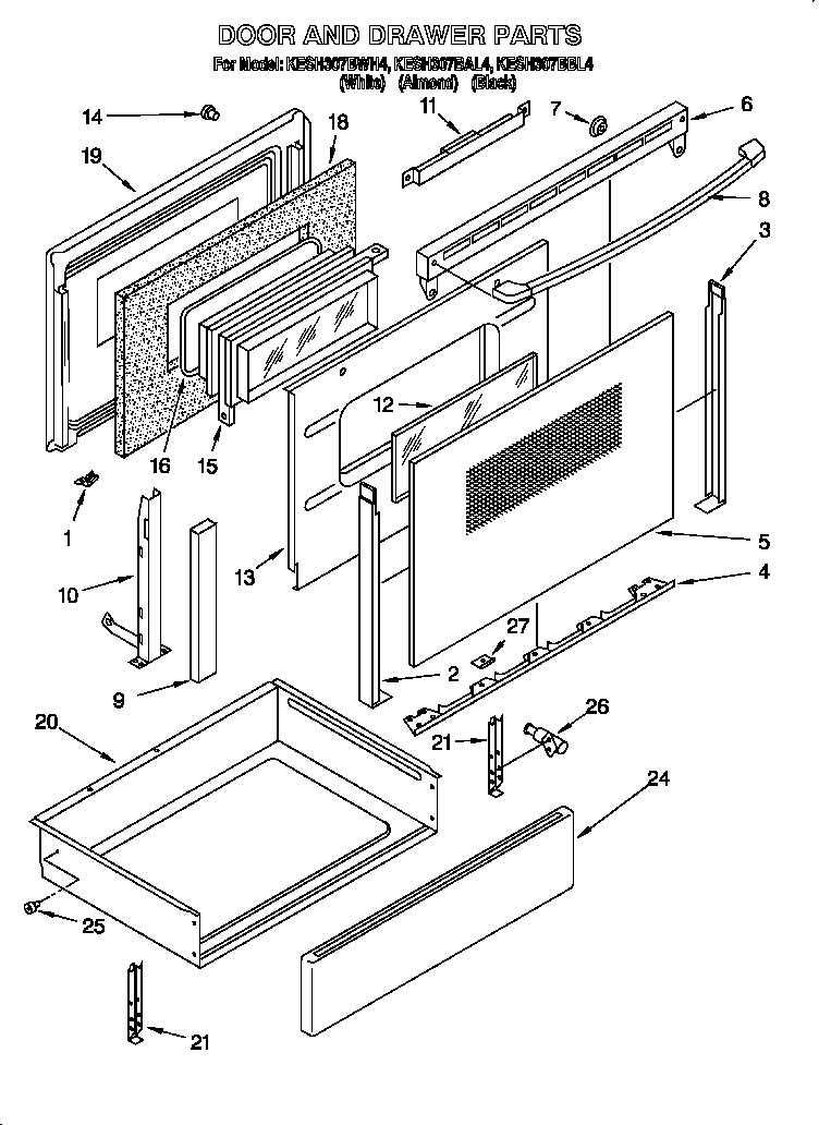 KitchenAid KESH307BAL4 door and drawer diagram