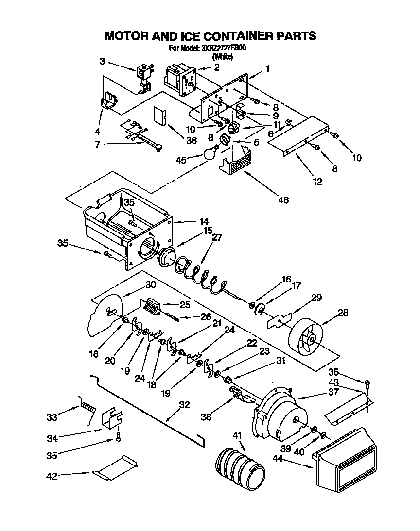Whirlpool 3XR2727FB00 motor and ice container diagram