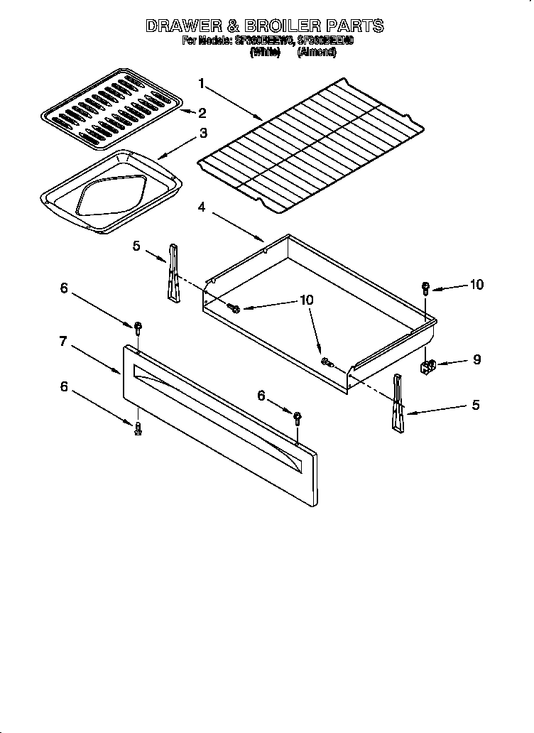 Whirlpool SF360BEEW0 drawer and broiler diagram