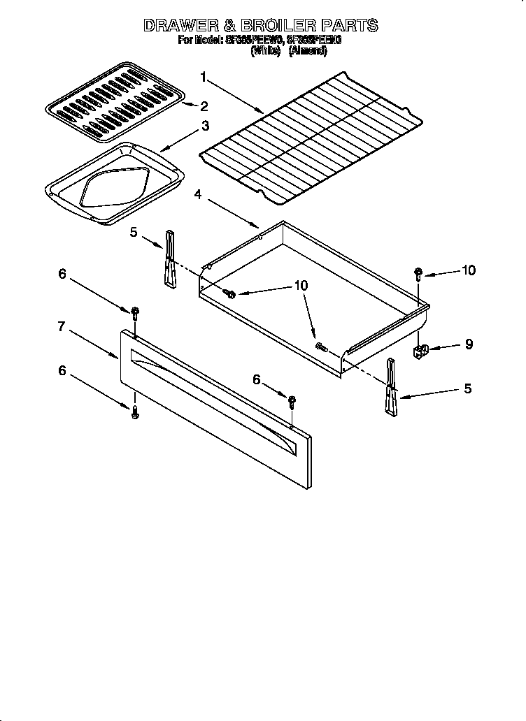 Whirlpool SF385PEEN0 drawer and broiler diagram