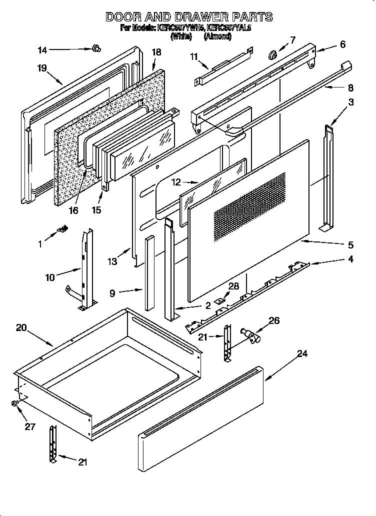 KitchenAid KERC507YAL5 door and drawer diagram