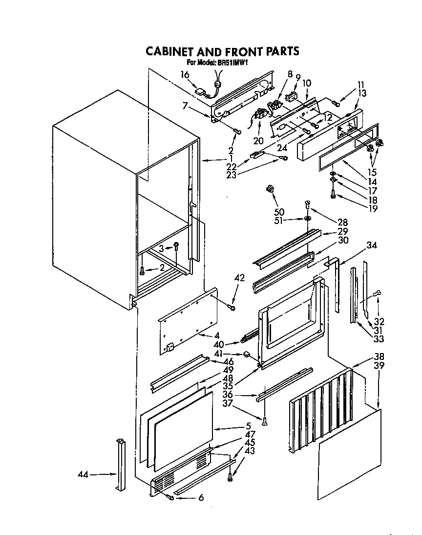 Whirlpool BR51IMW1 cabinet and front diagram
