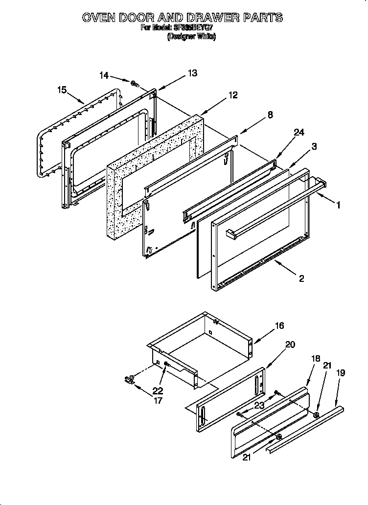 Whirlpool SF365BEYQ7 oven door and drawer diagram