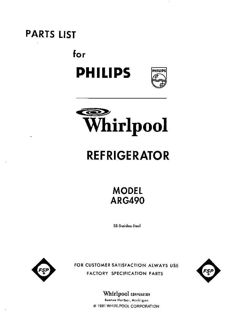 Whirlpool ARG490 front cover diagram