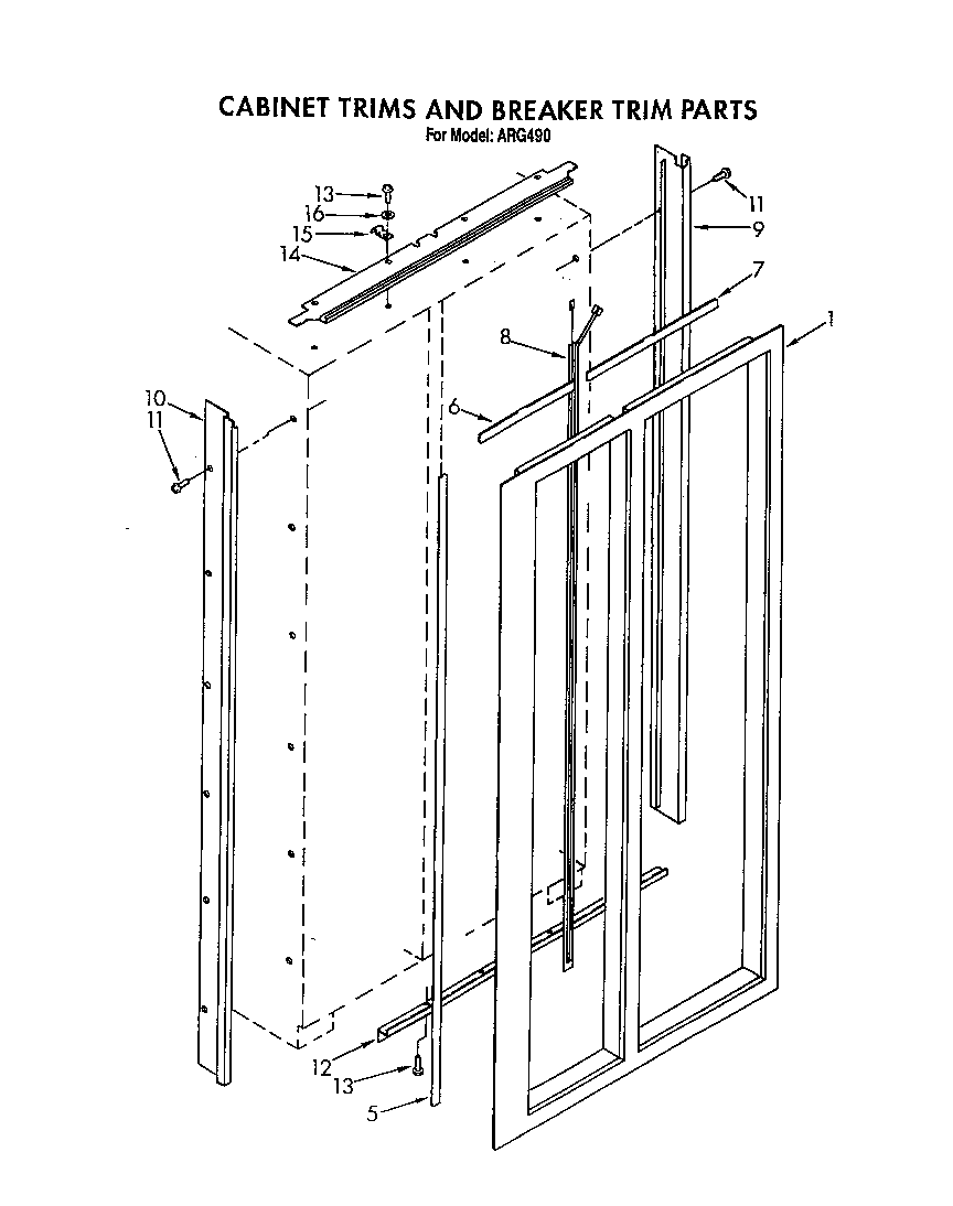 Whirlpool ARG490 cabinet trims and breaker trim diagram