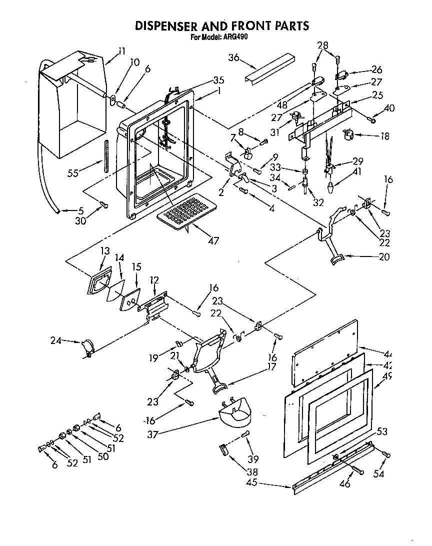 Whirlpool ARG490 dispenser and front diagram