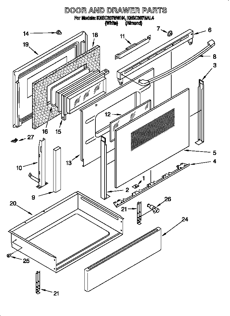KitchenAid KESC307BWH4 door and drawer diagram