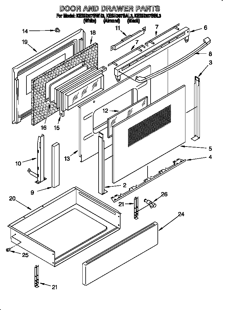 KitchenAid KESH307BWH3 door and drawer diagram