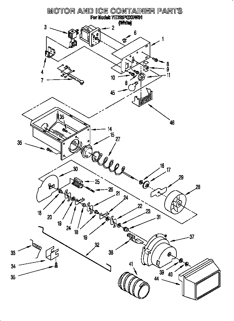 Whirlpool 7ED25PQXDW01 motor and ice container diagram