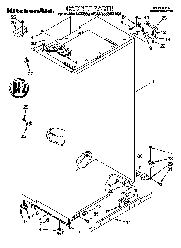 KitchenAid KSSS36QDW04 cabinet diagram
