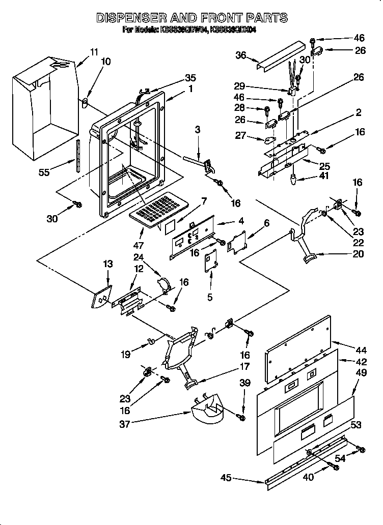 KitchenAid KSSS36QDW04 dispenser and front diagram