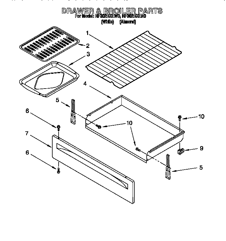 Whirlpool RF302BXEW0 drawer and broiler diagram
