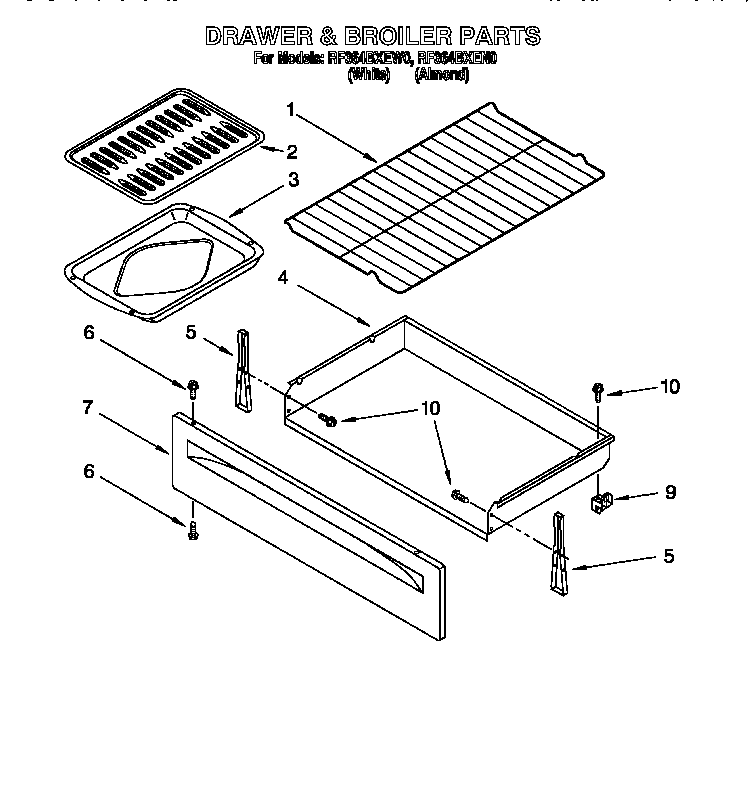 Whirlpool RF364BXEN0 drawer and broiler diagram