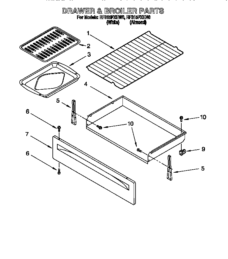 Whirlpool RF315PXEW0 drawer and broiler diagram