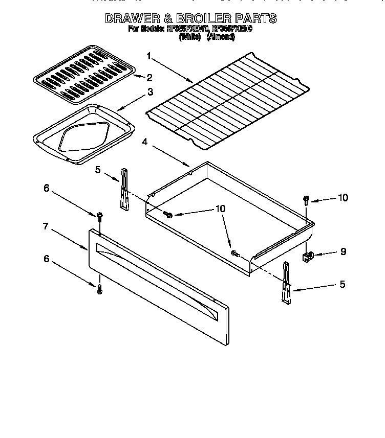 Whirlpool RF385PXEW0 drawer and broiler diagram