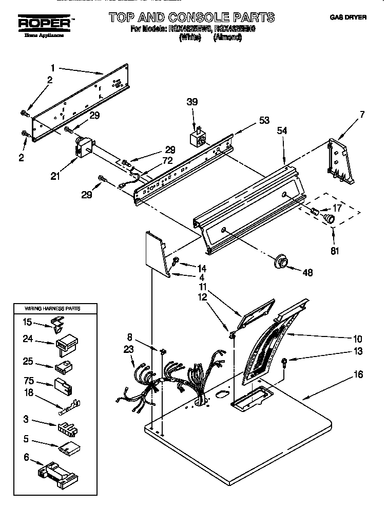 Roper RGX4625EW0 top and console diagram