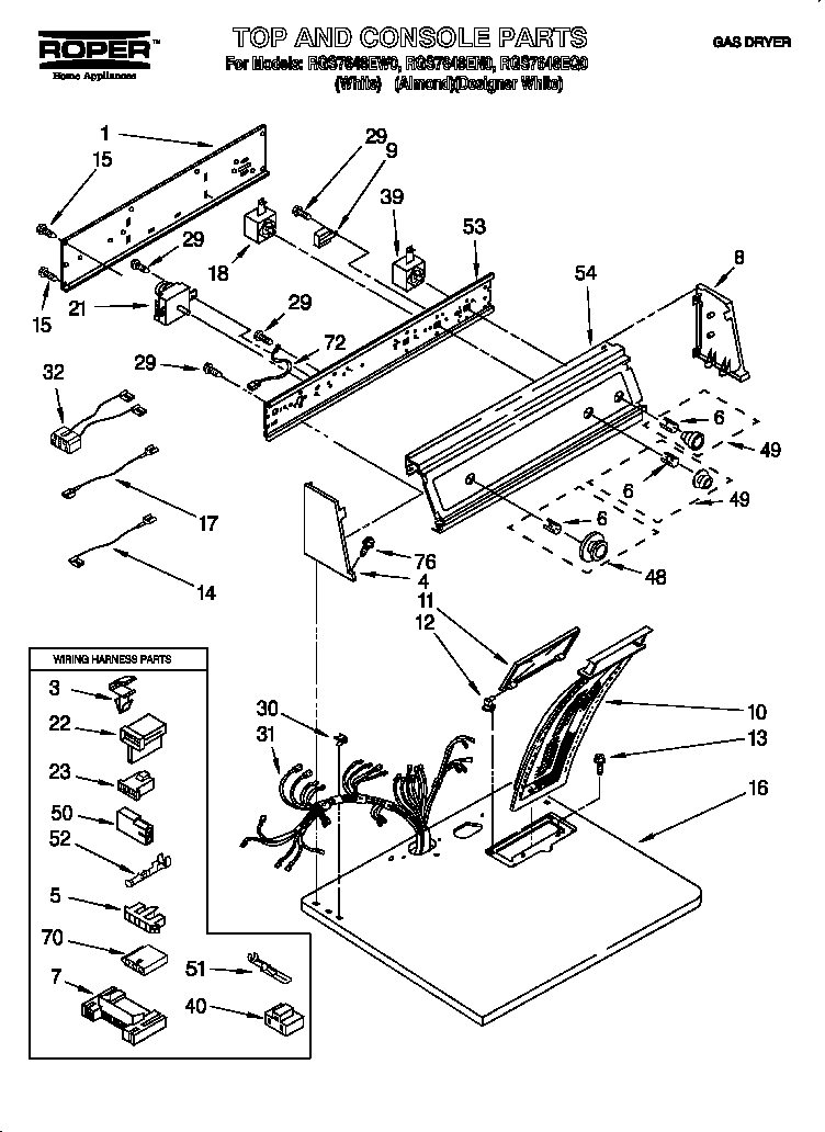 Roper RGS7648EN0 top and console diagram
