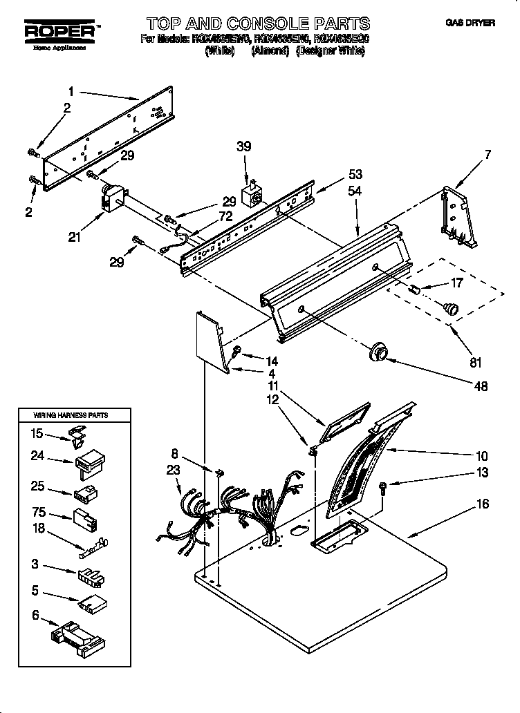 Roper RGX4635EN0 top and console diagram