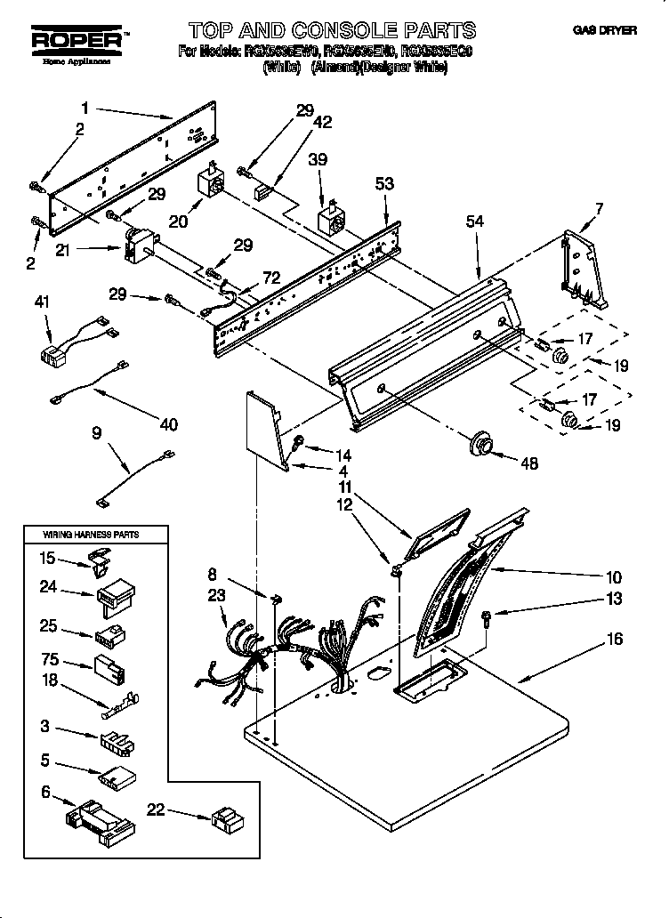 Roper RGX5635EN0 top and console diagram