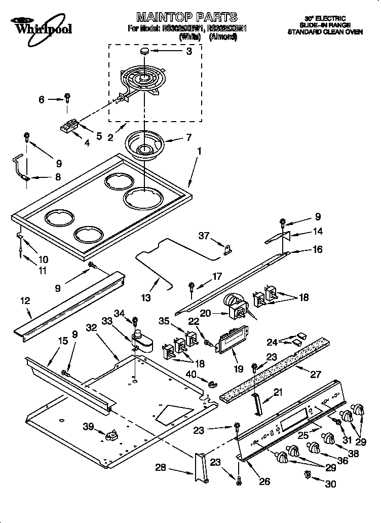 Whirlpool RS3025XBW1 maintop diagram