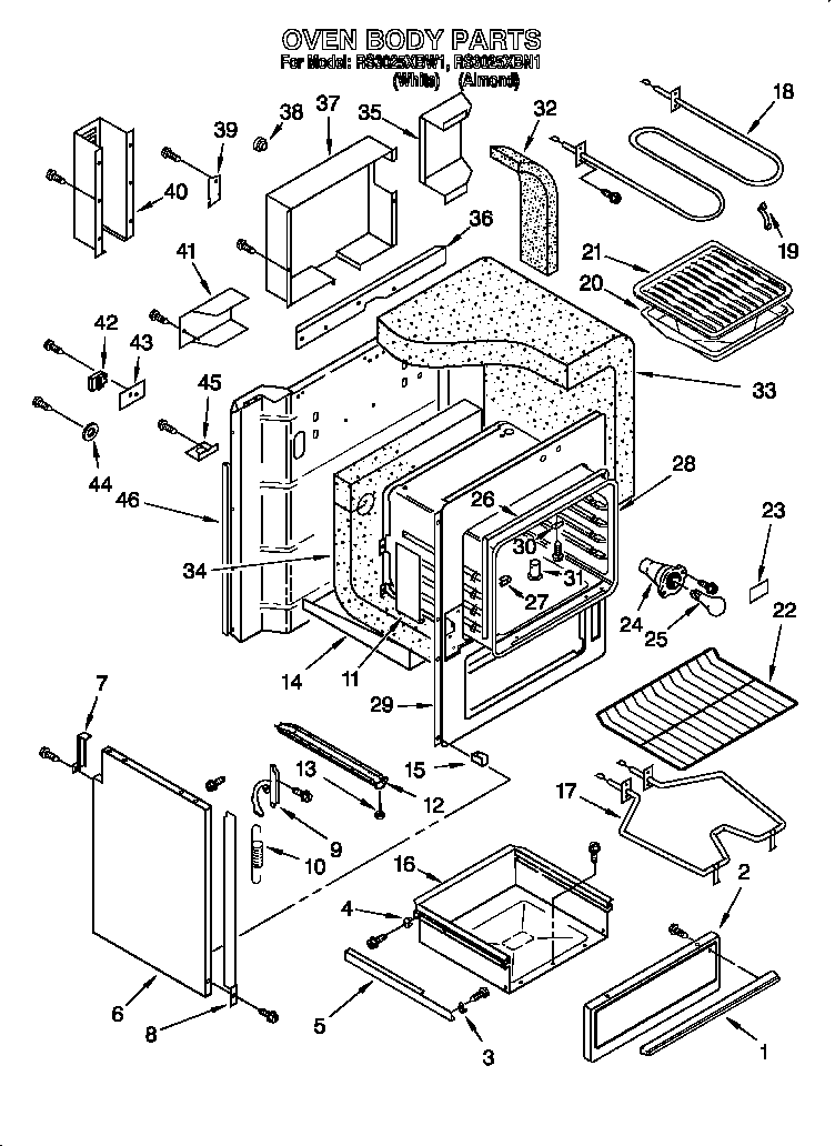 Whirlpool RS3025XBW1 oven body diagram