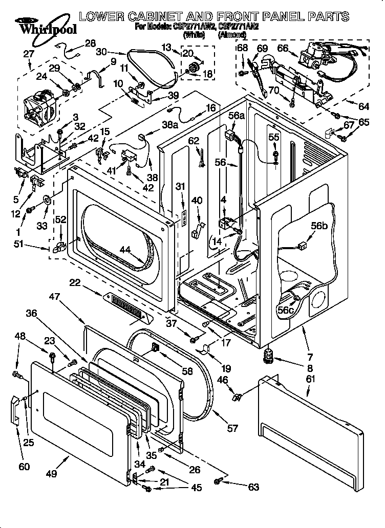 Whirlpool CSP2771AW2 lower cabinet and front panel diagram