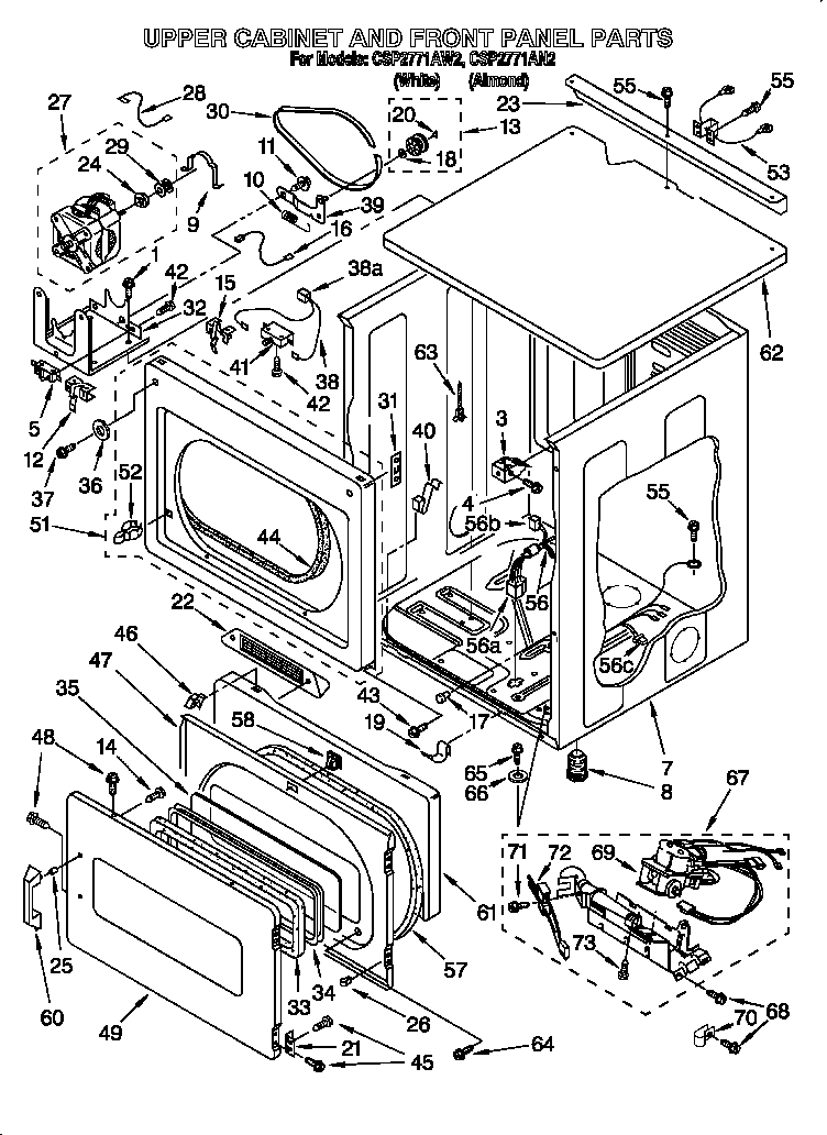 Whirlpool CSP2771AW2 upper cabinet and front panel diagram
