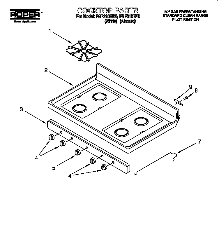 Roper FGP310EW0 cooktop diagram