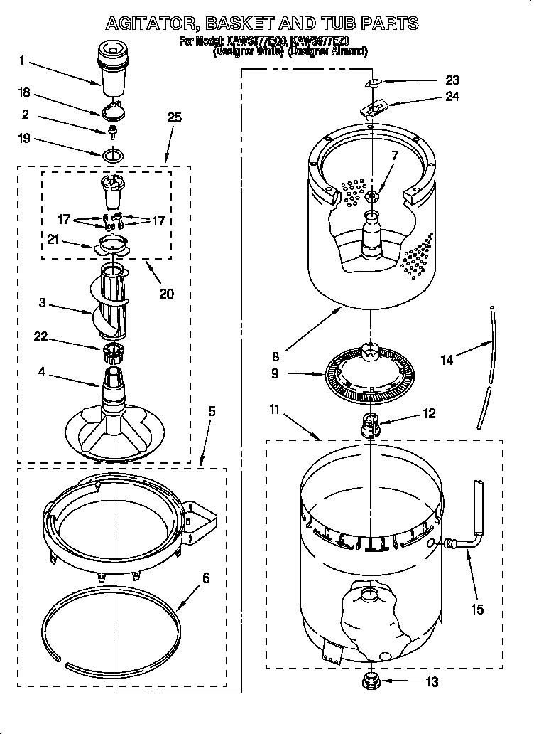 KitchenAid KAWS977EZ0 agitator, basket and tub diagram