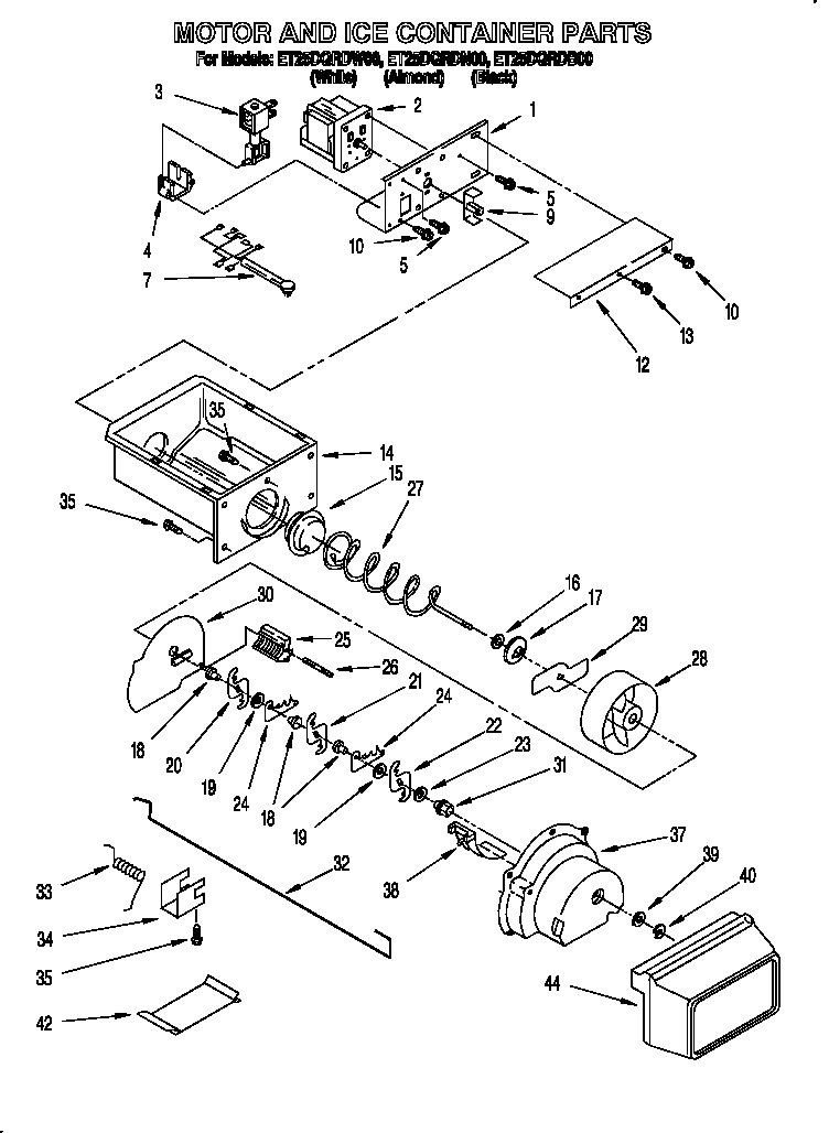 Whirlpool ET25DQRDN00 motor and ice container diagram