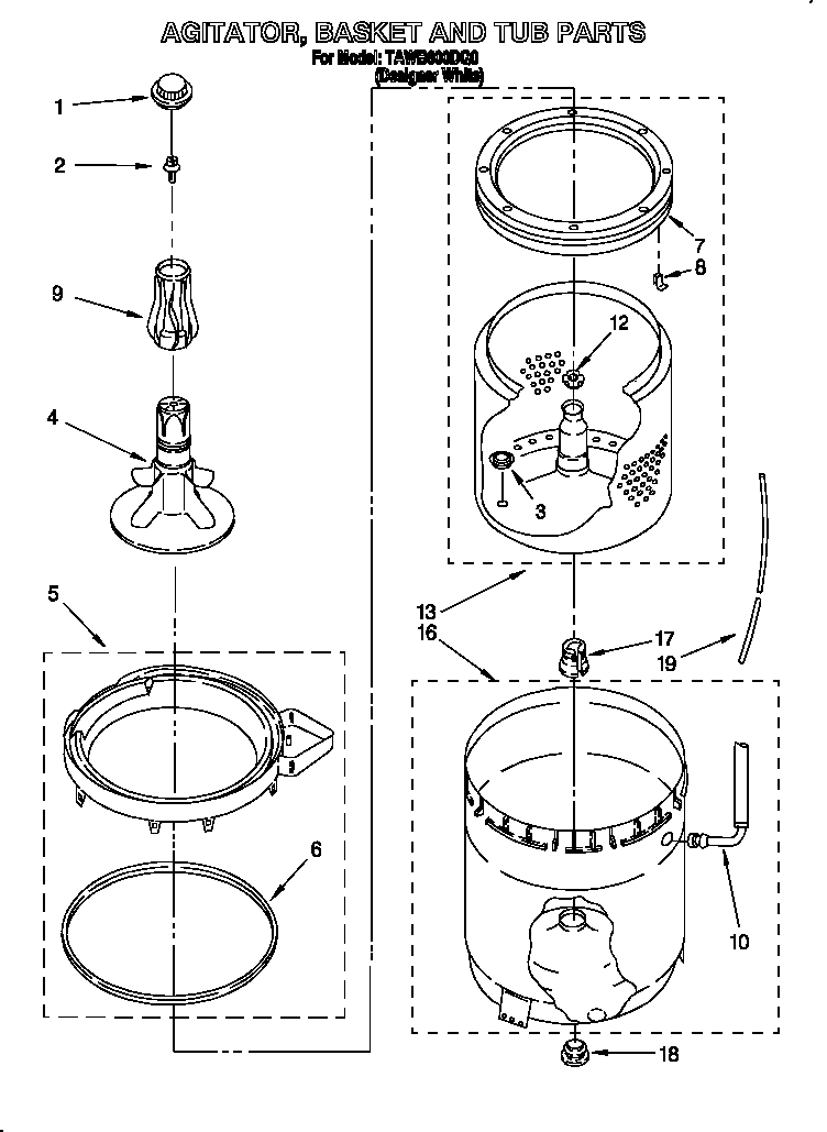 Estate TAWB600DQ0 agitator, basket and tub diagram