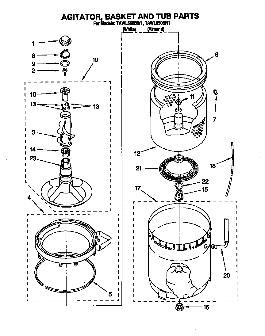Estate TAWL650BW1 agitator, basket and tub diagram
