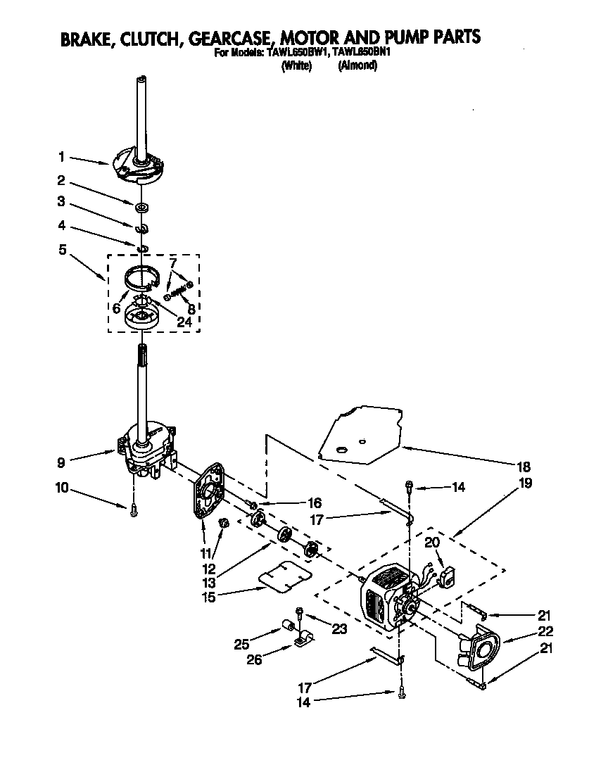 Estate TAWL650BW1 brake, clutch, gearcase, motor and pump diagram