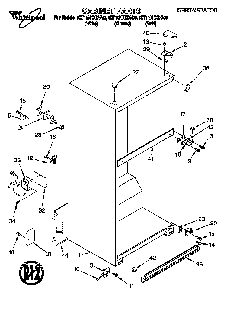 Whirlpool 9ET16NKXDG03 cabinet diagram
