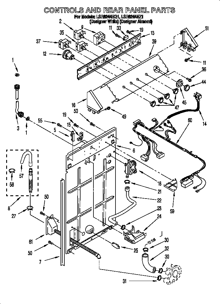 Whirlpool LSR8244EQ1 controls & rear panel diagram
